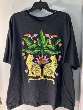 Tropical Leopard and Toucan Graphic Tee - Large - Black